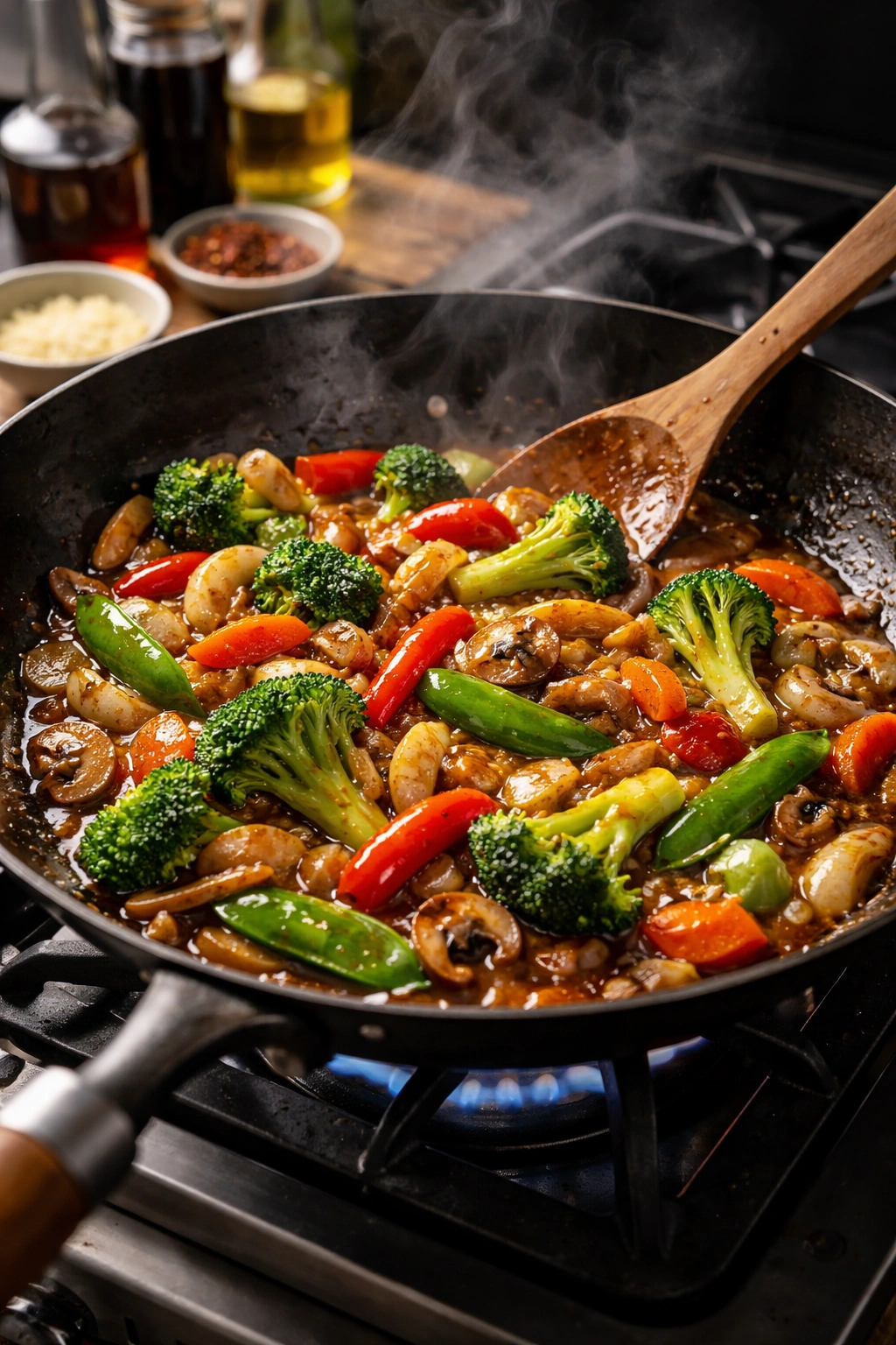Stir-fry with glossy sauce coating vegetables in a hot pan