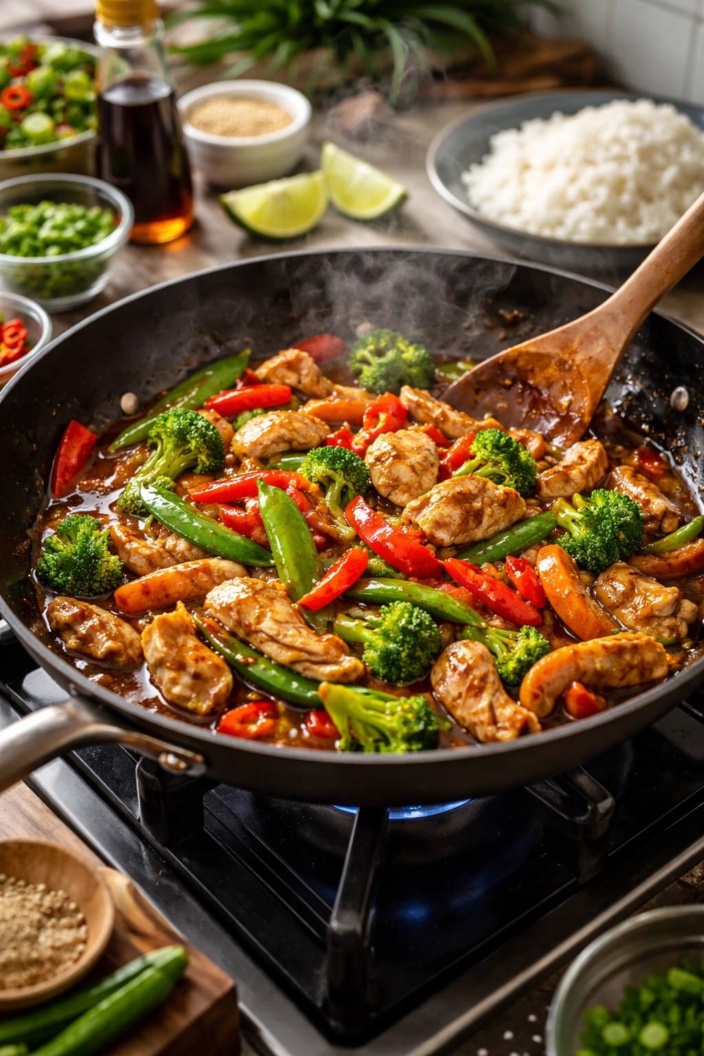 Vibrant stir-fry in a skillet with vegetables and protein