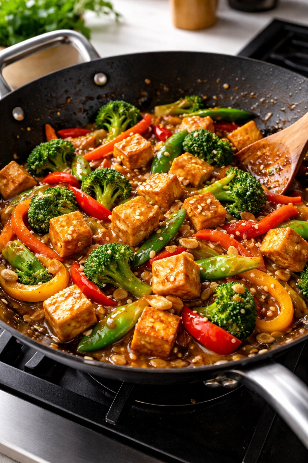 Tofu and vegetables stir-fry with peanut sauce in a pan