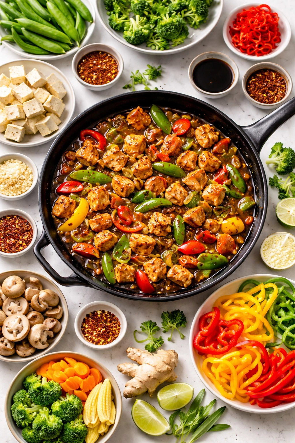 Skillet with pepper chicken and varied vegetables illustrating variations