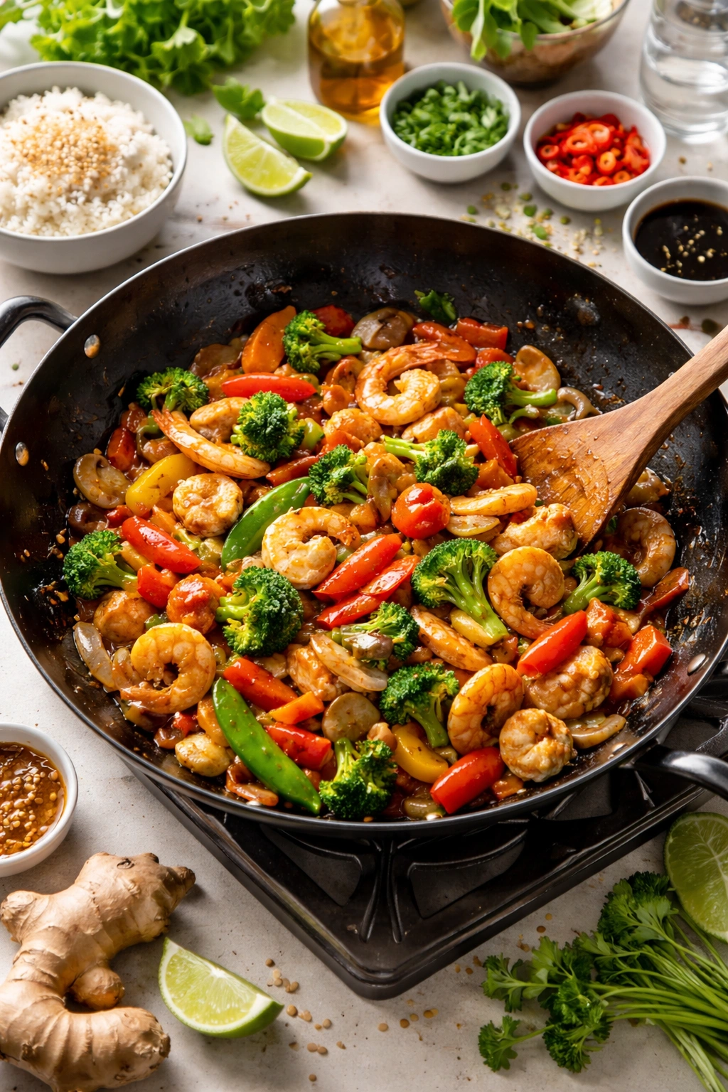 Colorful stir-fry in wok with vegetables and protein