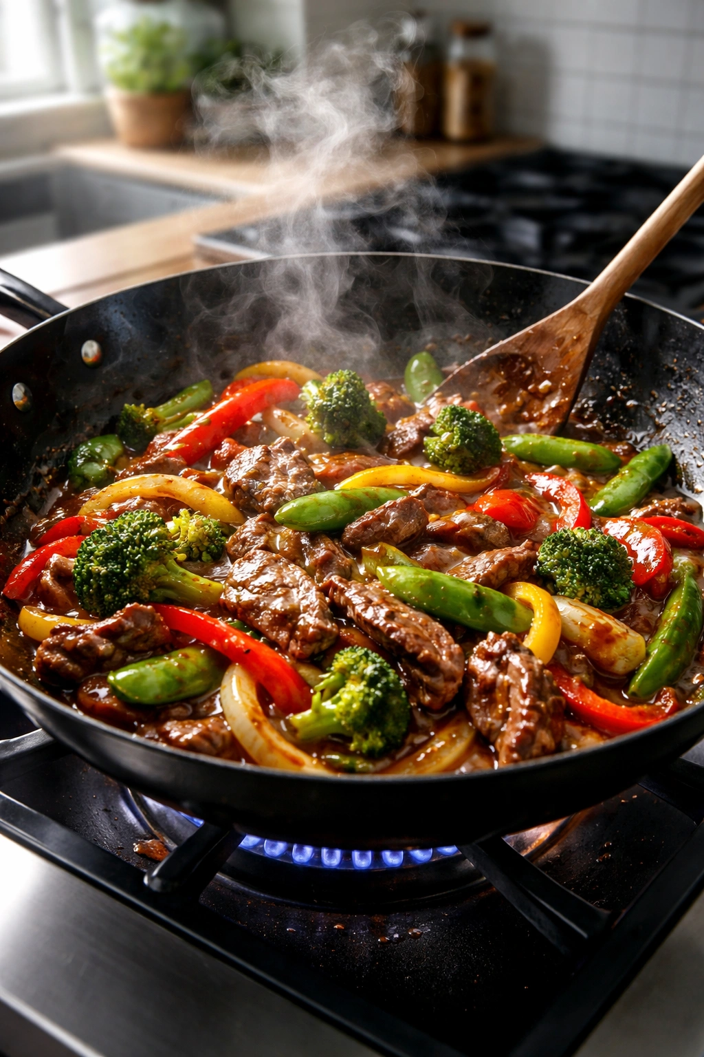 Close-up of a wok with beef and vegetables in glossy stir-fry sauce