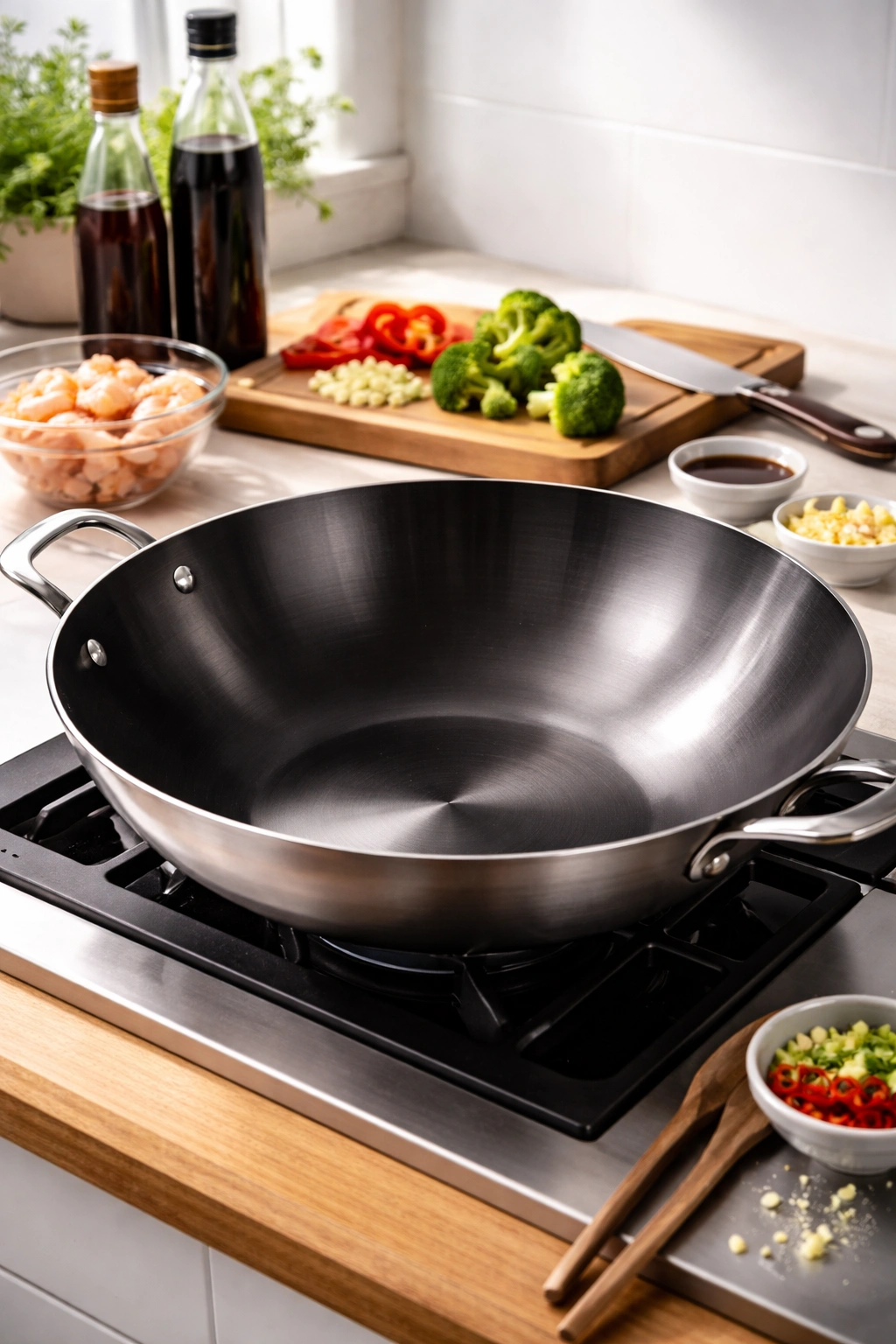 Close-up of a large glossy wok with high sides ready for stir-frying