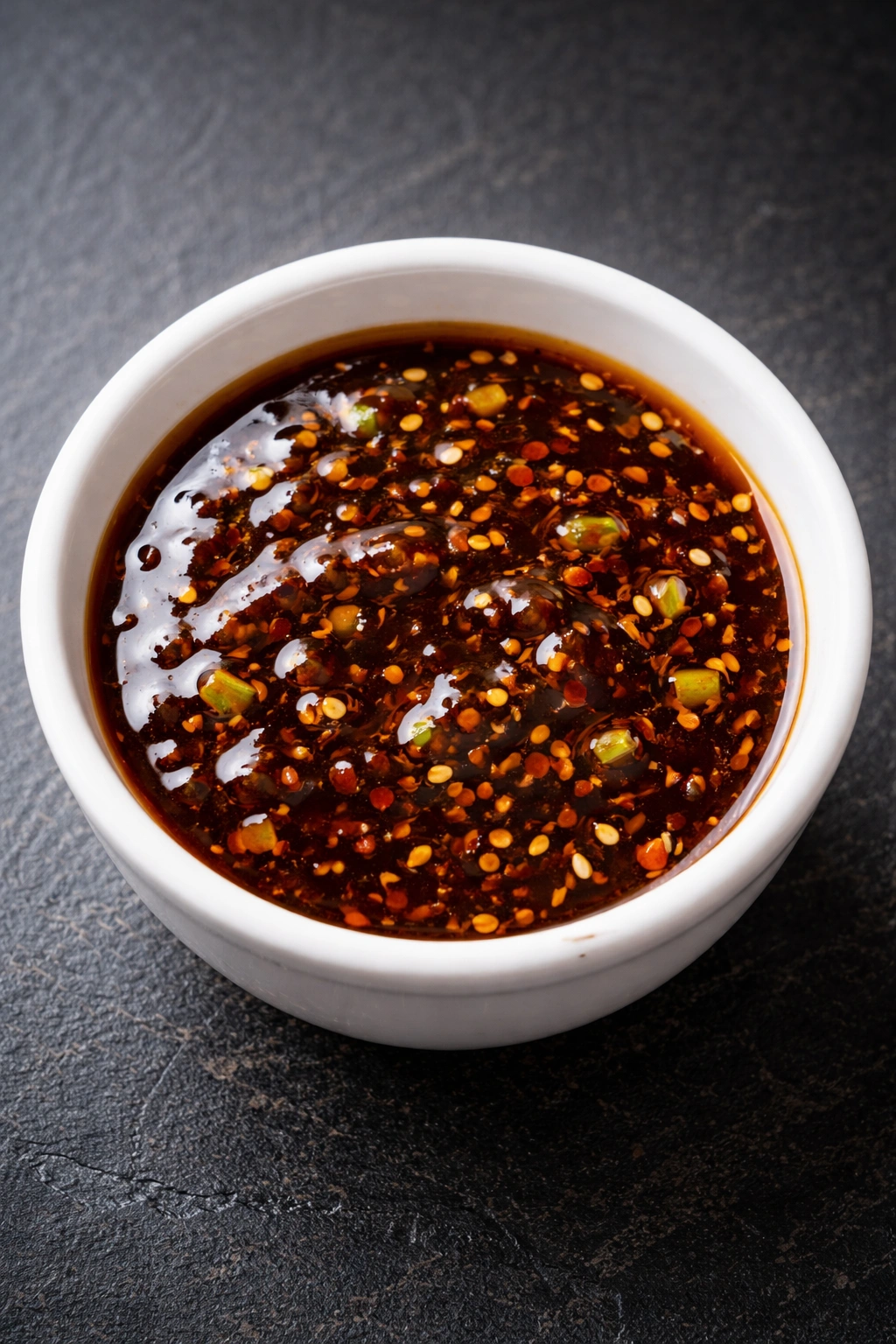 Glossy stir-fry sauce in small ceramic bowl on dark surface