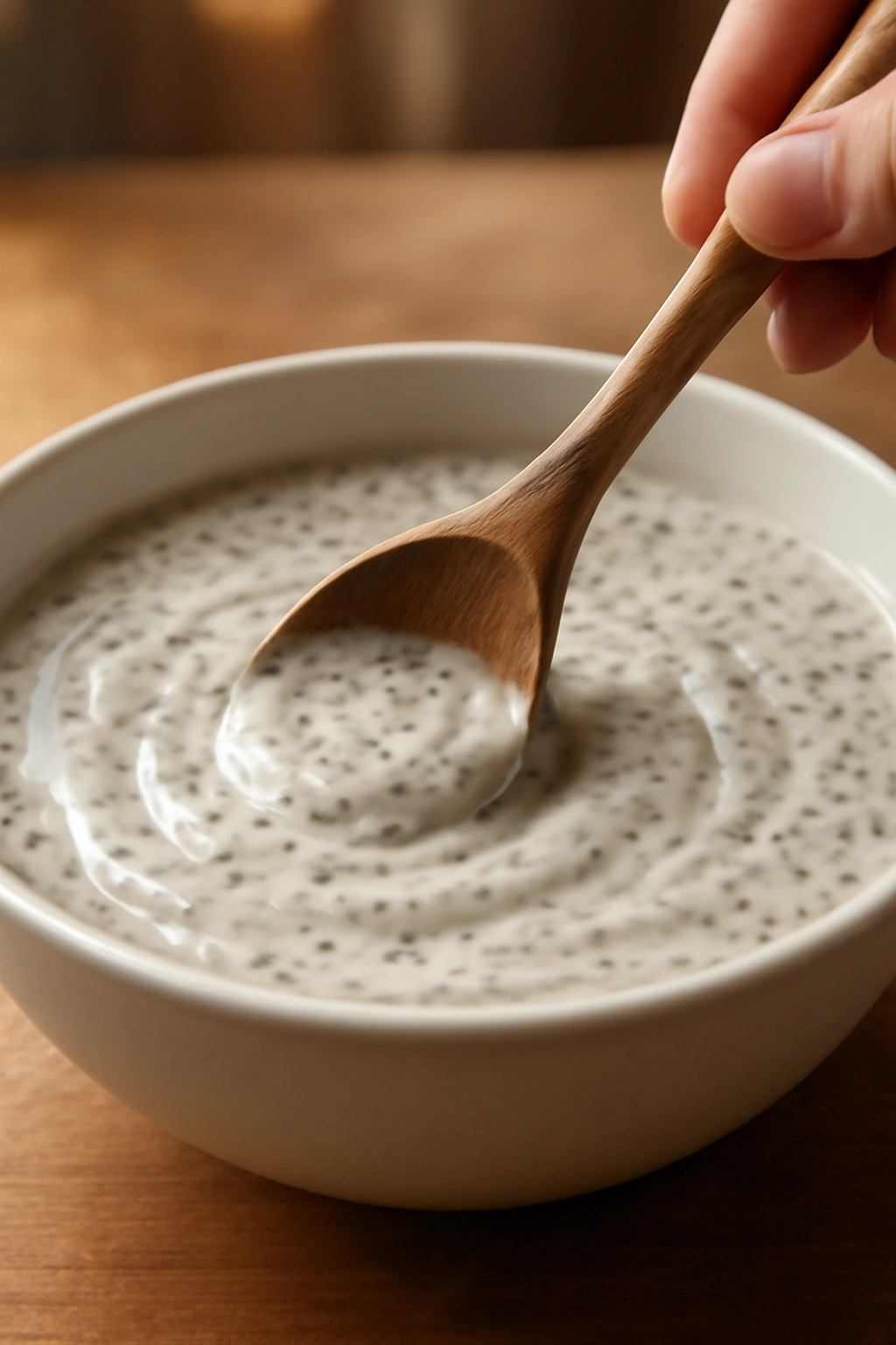 Stirring chia pudding in a bowl to prevent gluey texture