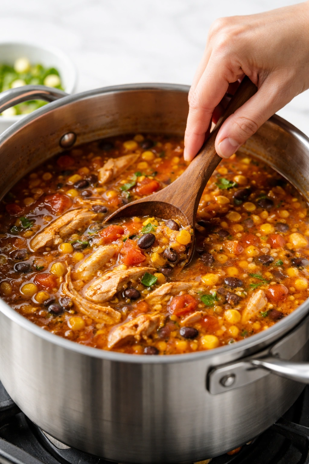 Hand stirring a pot to depict cooking instructions