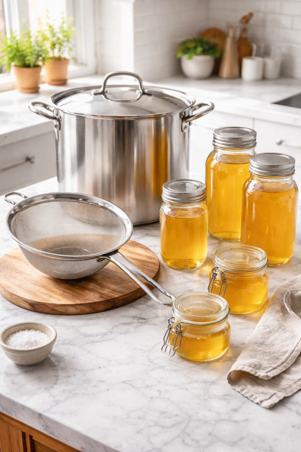 Stainless stock pot, fine-mesh strainer, and glass jars on a kitchen counter.