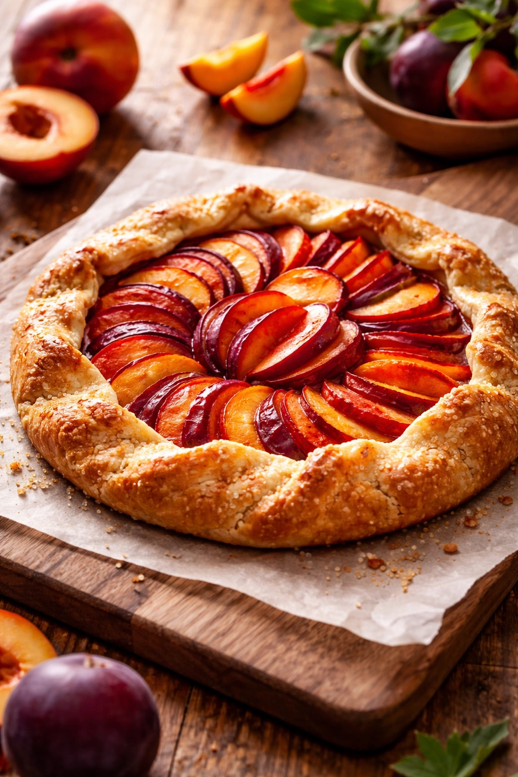 Stone fruit galette with flaky crust and arranged slices