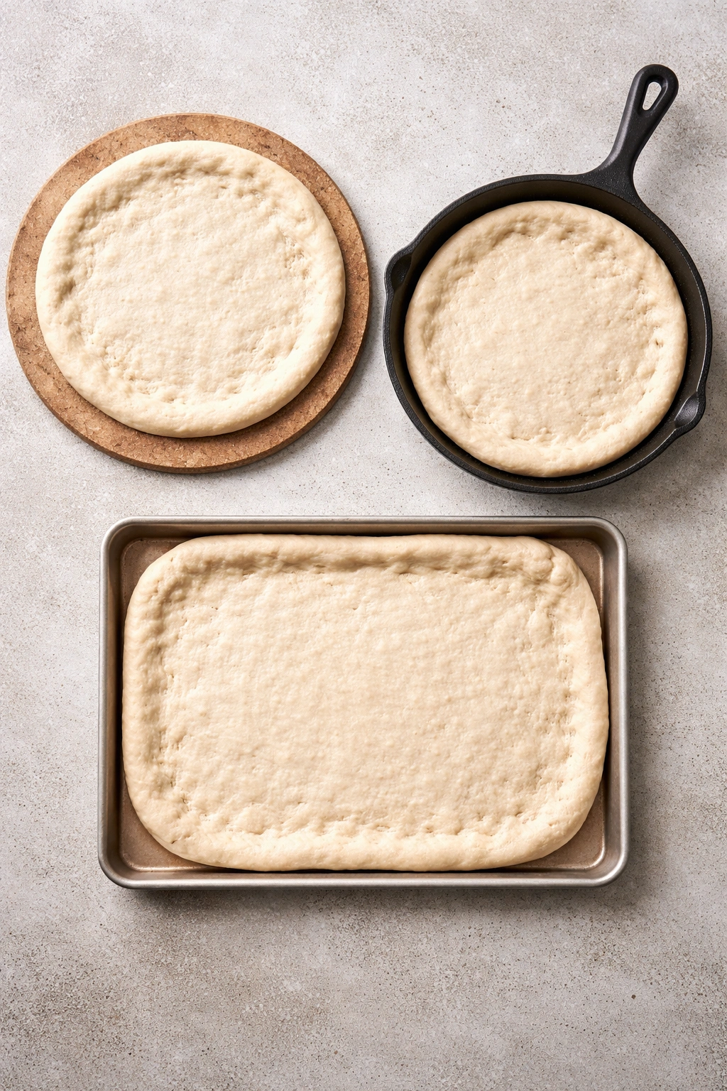 Top-down view of dough rounds on stone, skillet, and pan