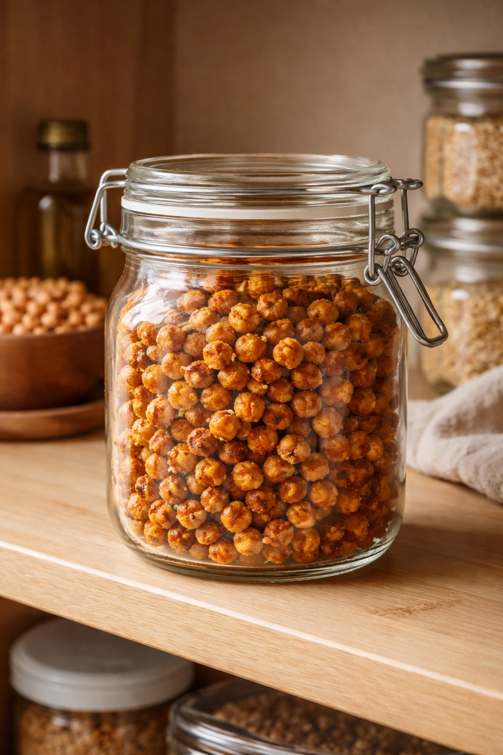 Airtight jar of crispy roasted chickpeas on a pantry shelf