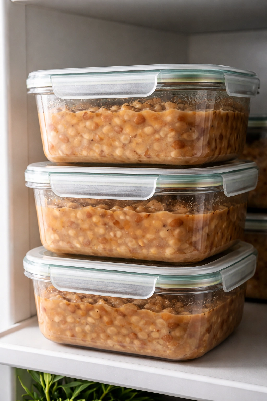 Glass containers with creamy cooked pinto beans on a kitchen shelf