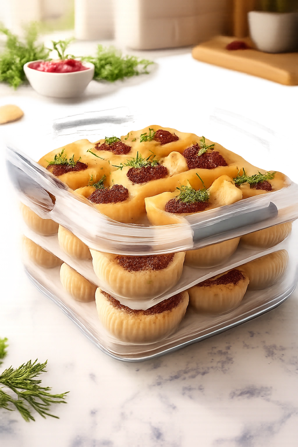 Airtight container with Brie and Cranberry Bites stored fresh