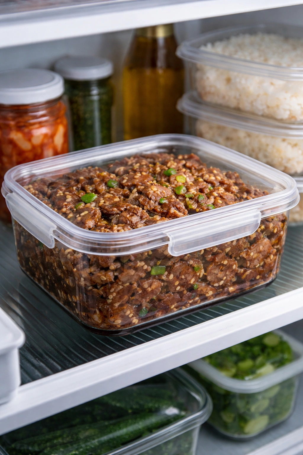Airtight container with marinated bulgogi for storage.