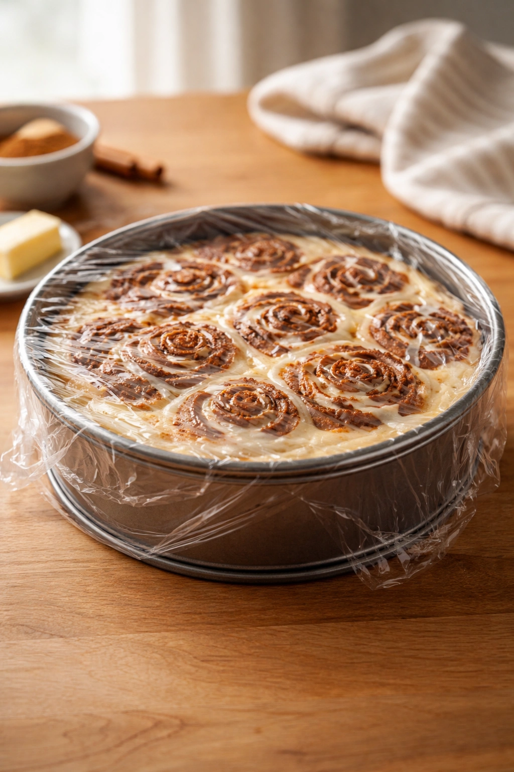 Cinnamon roll cheesecake in a springform pan wrapped for storage on a wooden counter