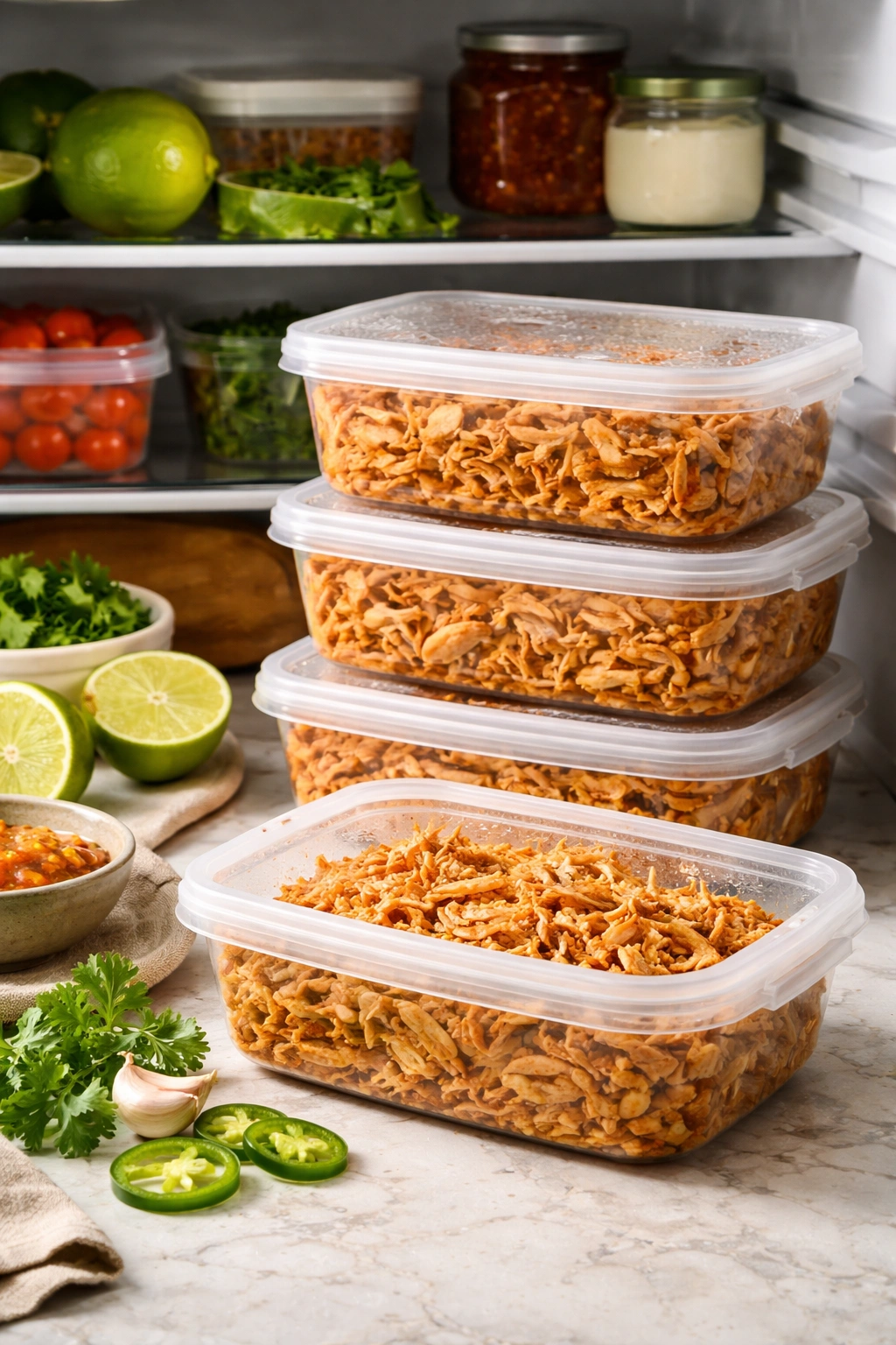 Chilled shredded chicken in airtight containers ready for storage