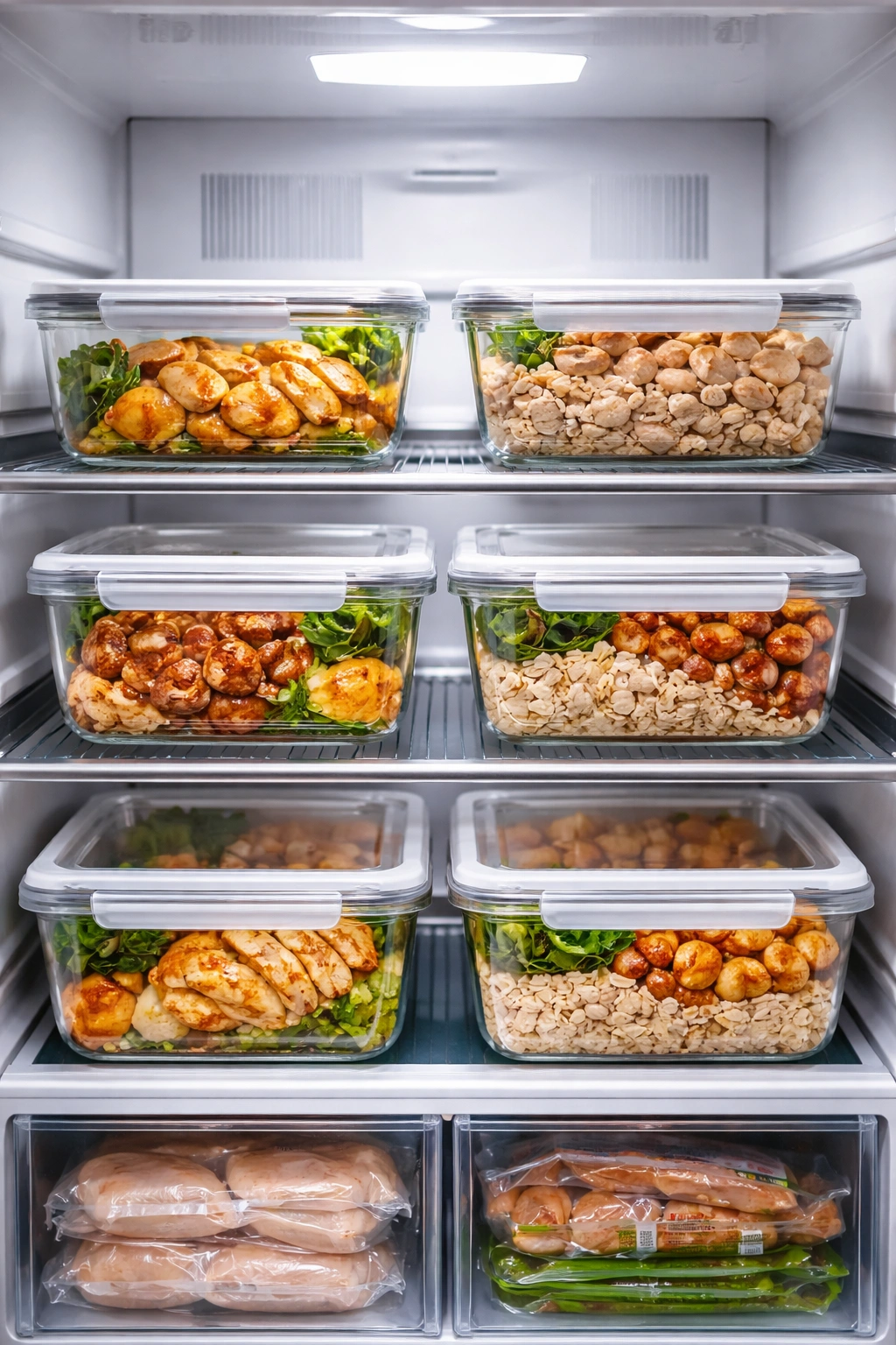 Fridge with glass containers holding cooked chicken, showcasing proper storage