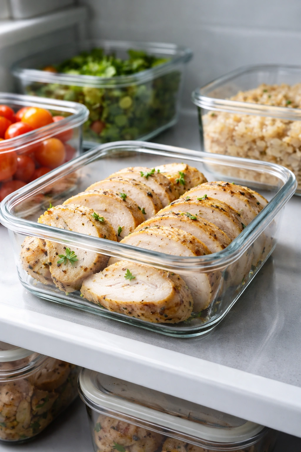 Sliced cooked chicken stored in airtight container in fridge