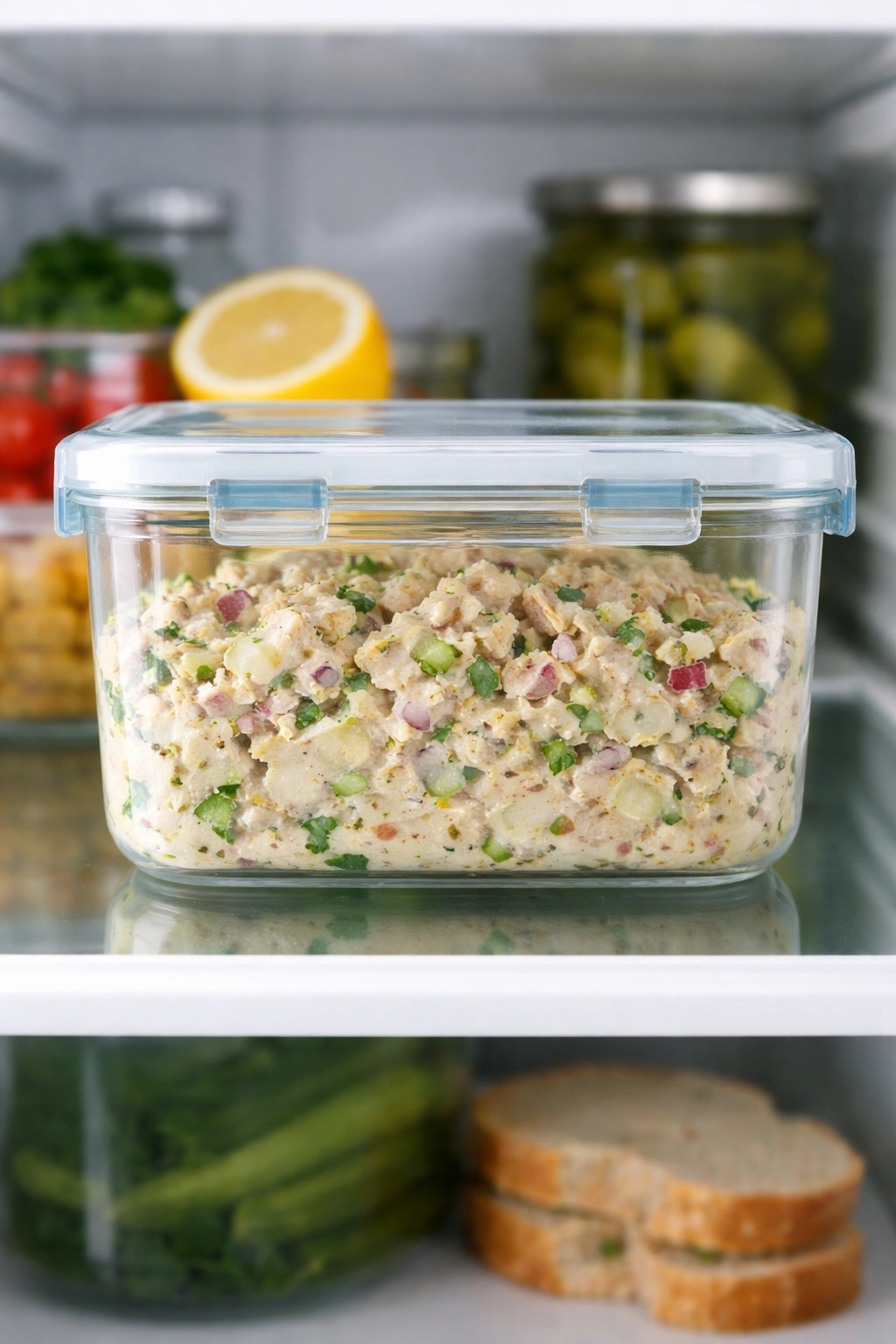 Airtight container of chicken salad stored in a refrigerator