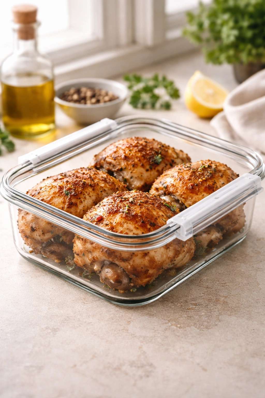 Airtight container with cooked chicken thighs stored for later use