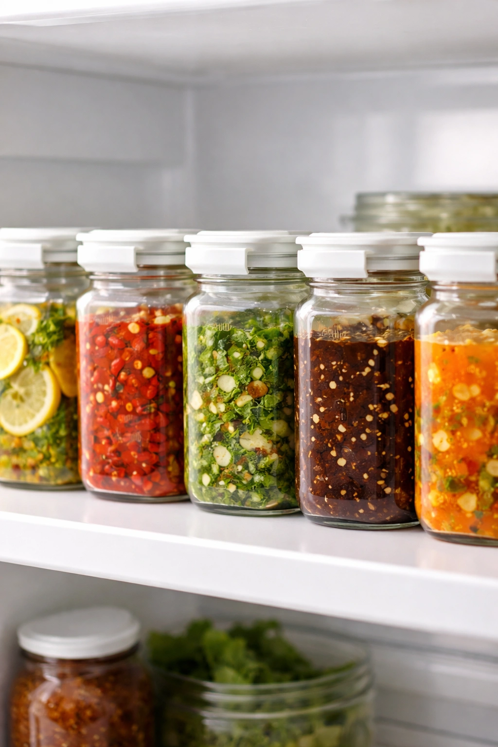 A row of airtight glass containers with marinades on a shelf