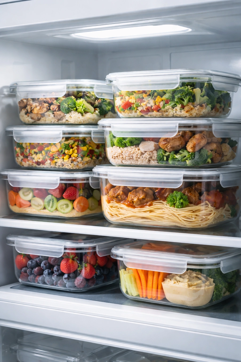 Glass storage containers organized for budget meal prep