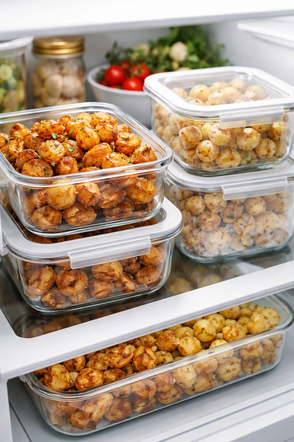 Neatly arranged airtight containers in a bright kitchen, suggesting storage and prep ahead