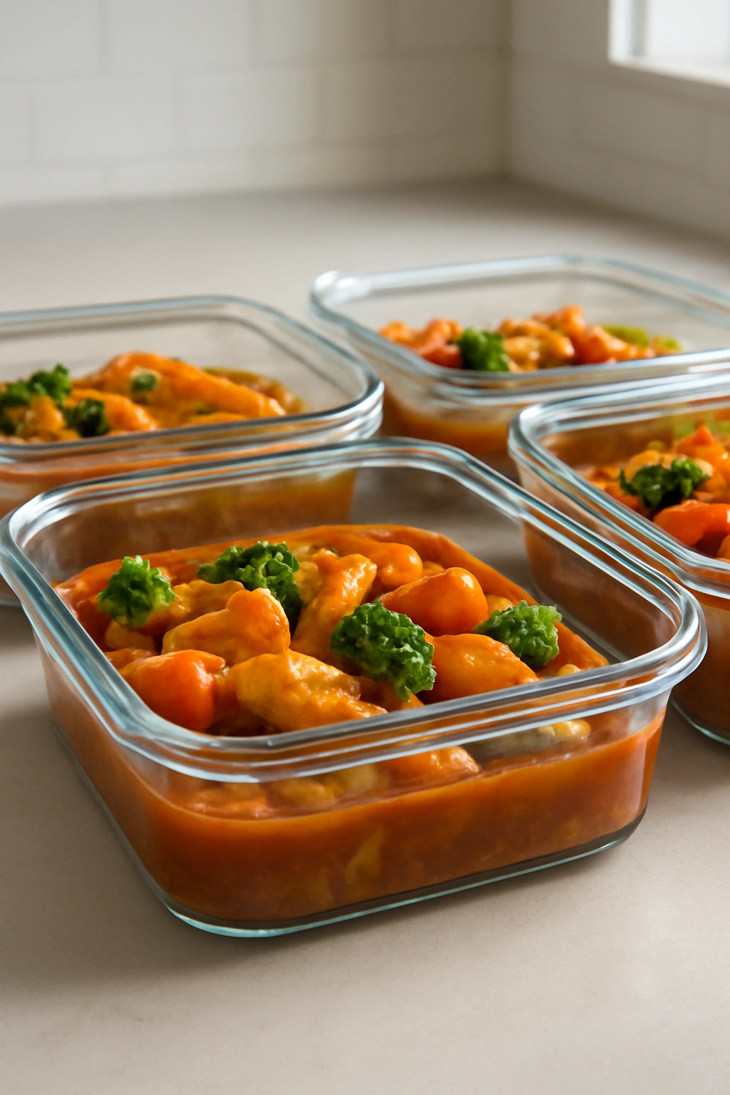 Glass containers of saucy leftovers arranged neatly for storage.