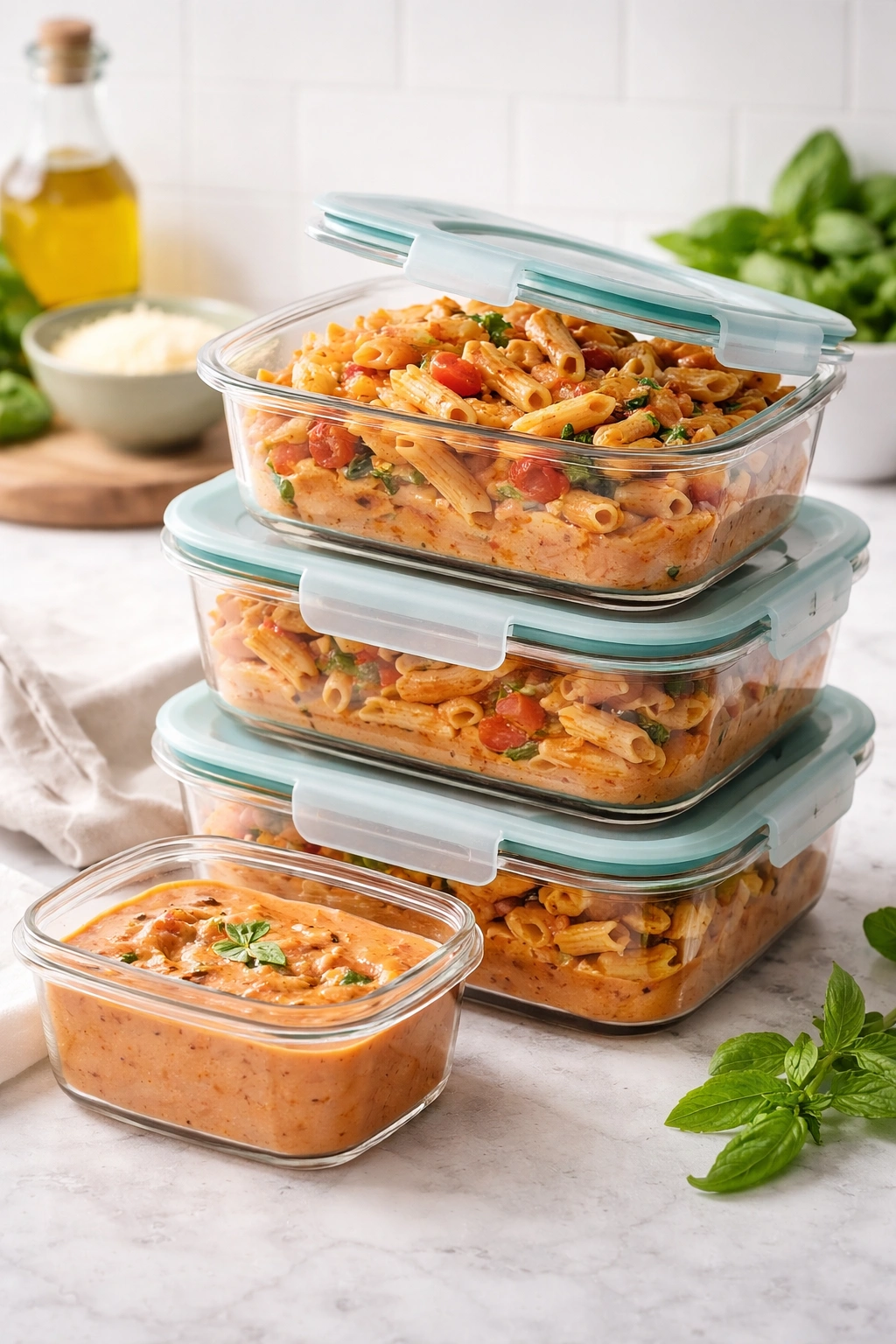 Stacked clear storage containers highlighting make-ahead pasta storage