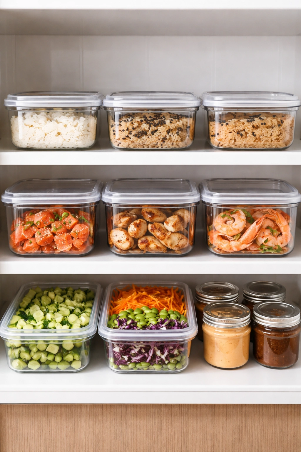 Stacked airtight containers containing prepped poke components on a shelf.
