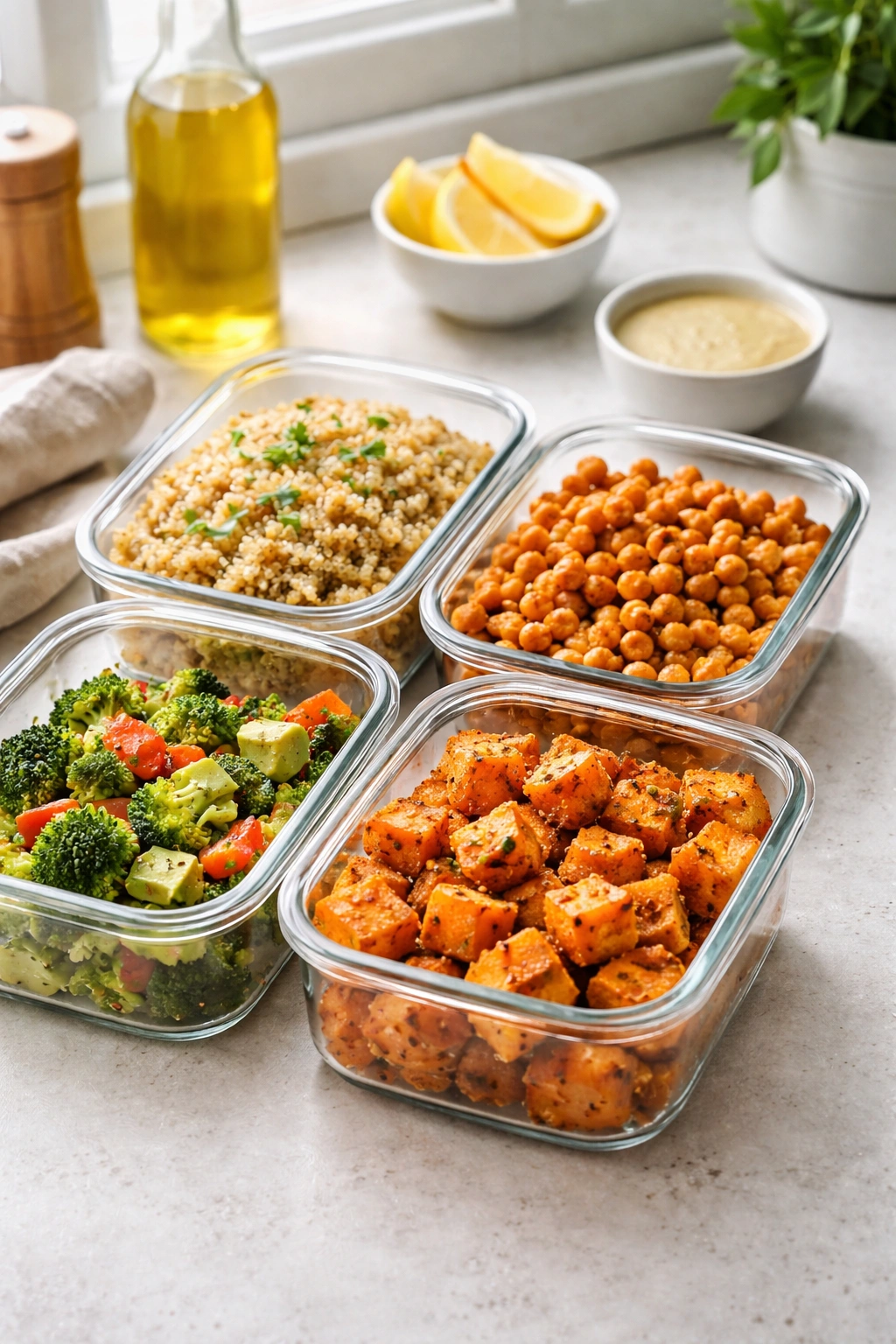 Row of glass containers with quinoa, chickpeas, and roasted vegetables