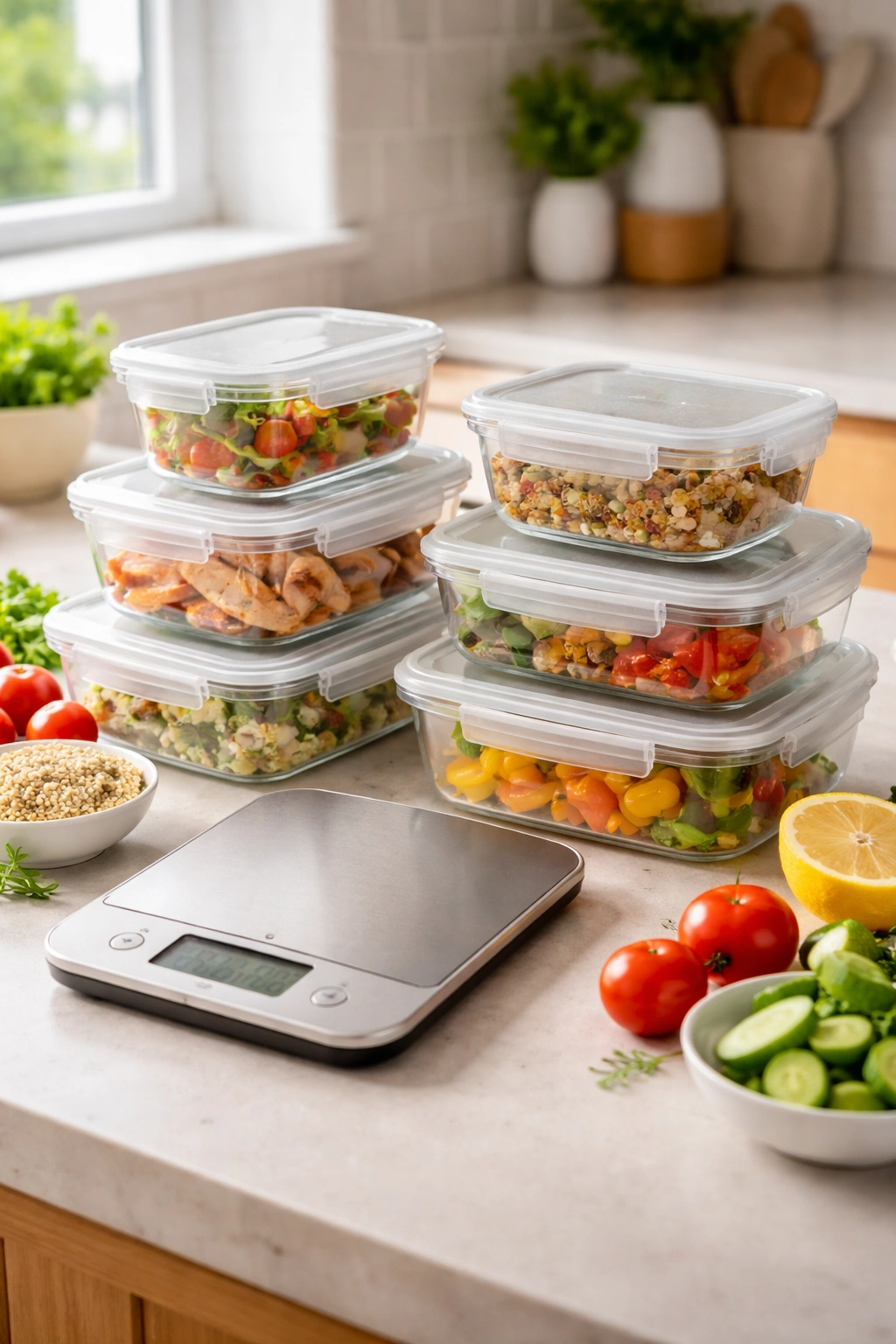 Glass containers and a digital kitchen scale on a clean counter, illustrating essential kitchen tools for weight-loss prep
