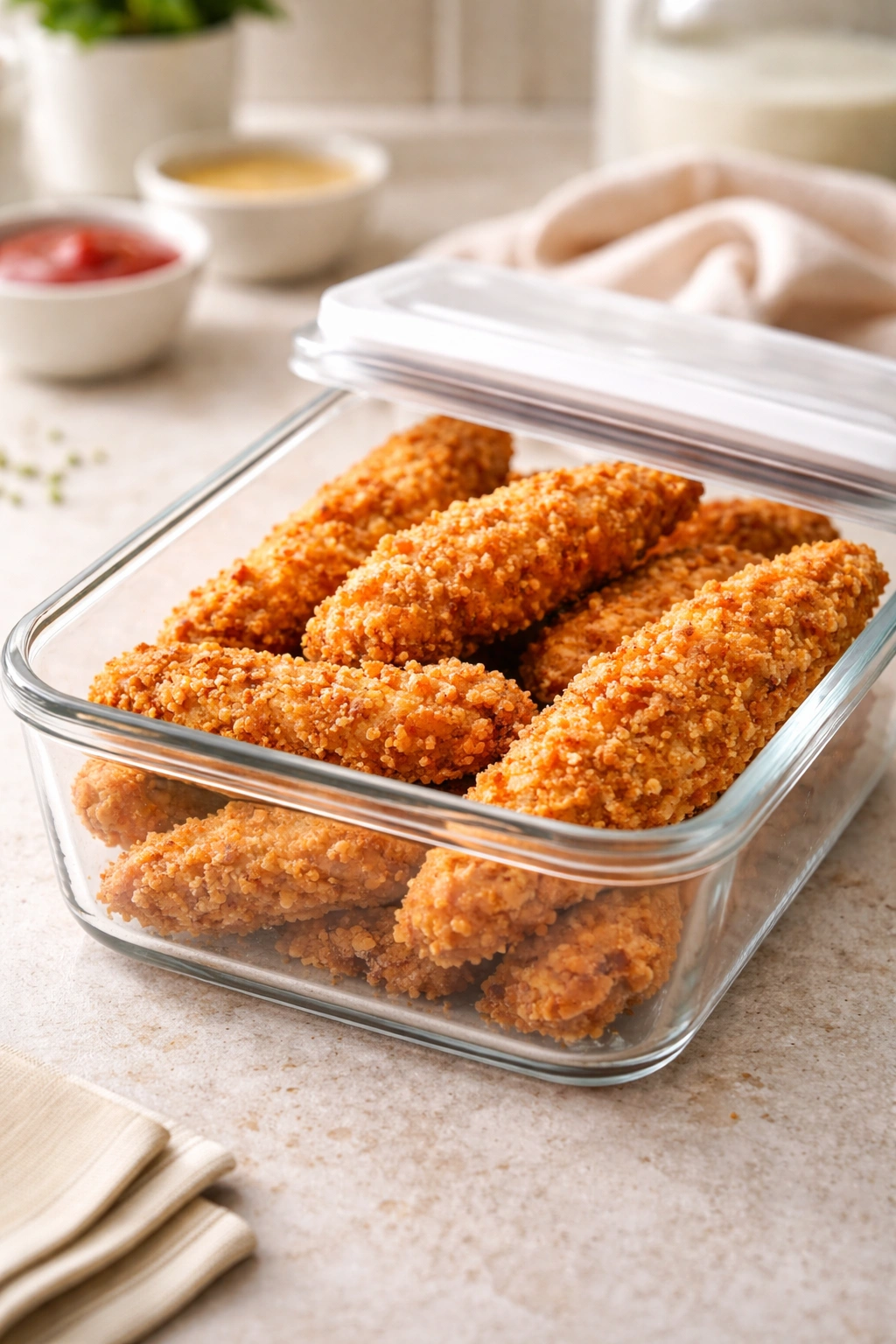 Cooked chicken tenders in an airtight container for storage