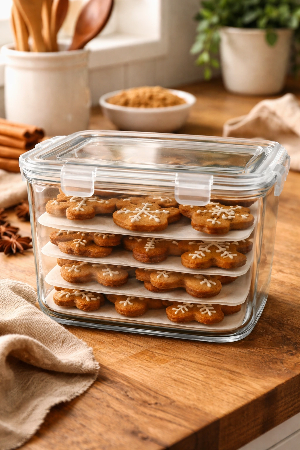 Airtight container of gingerbread cookies stored for freshness