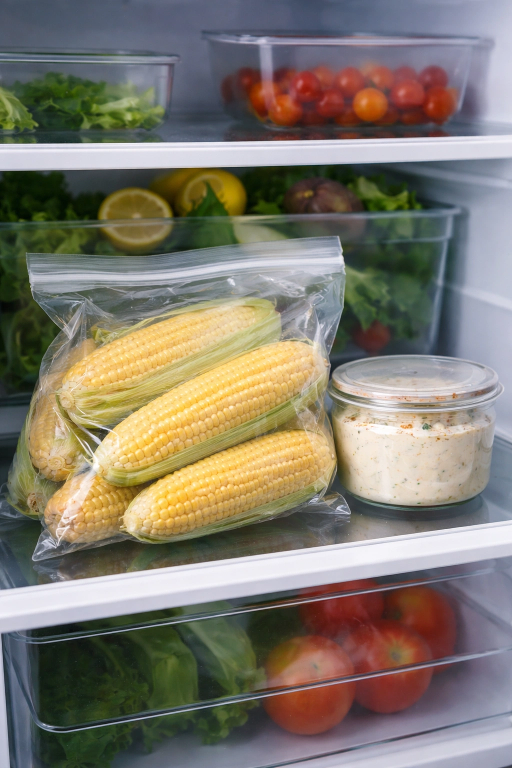 Corn stored in fridge in a bag with mayo sauce container nearby