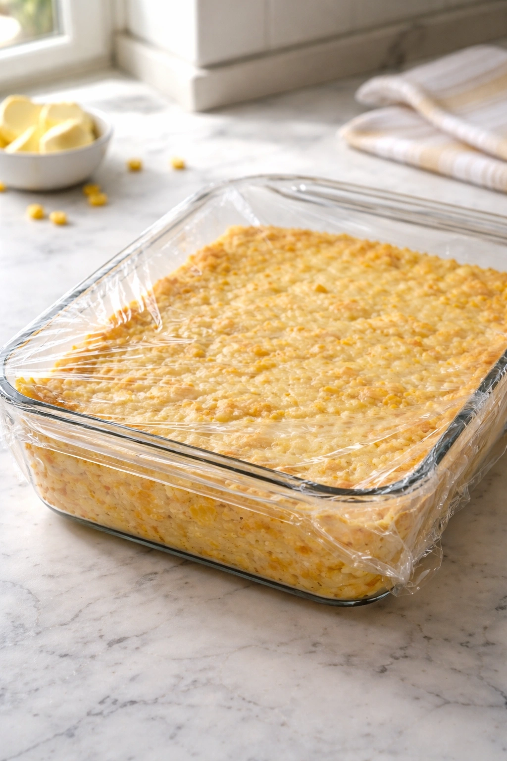 Creamy cornbread casserole in glass dish covered with plastic wrap for make-ahead storage