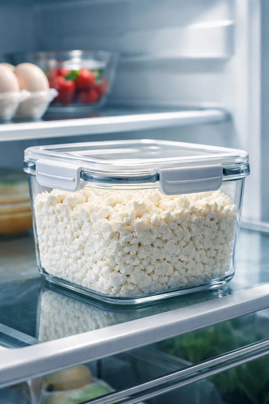 Glass storage container of cottage cheese on fridge shelf