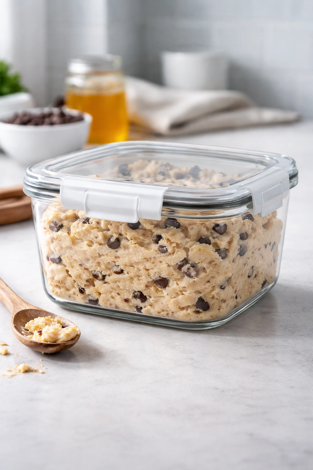 Airtight container with cookie dough on kitchen counter