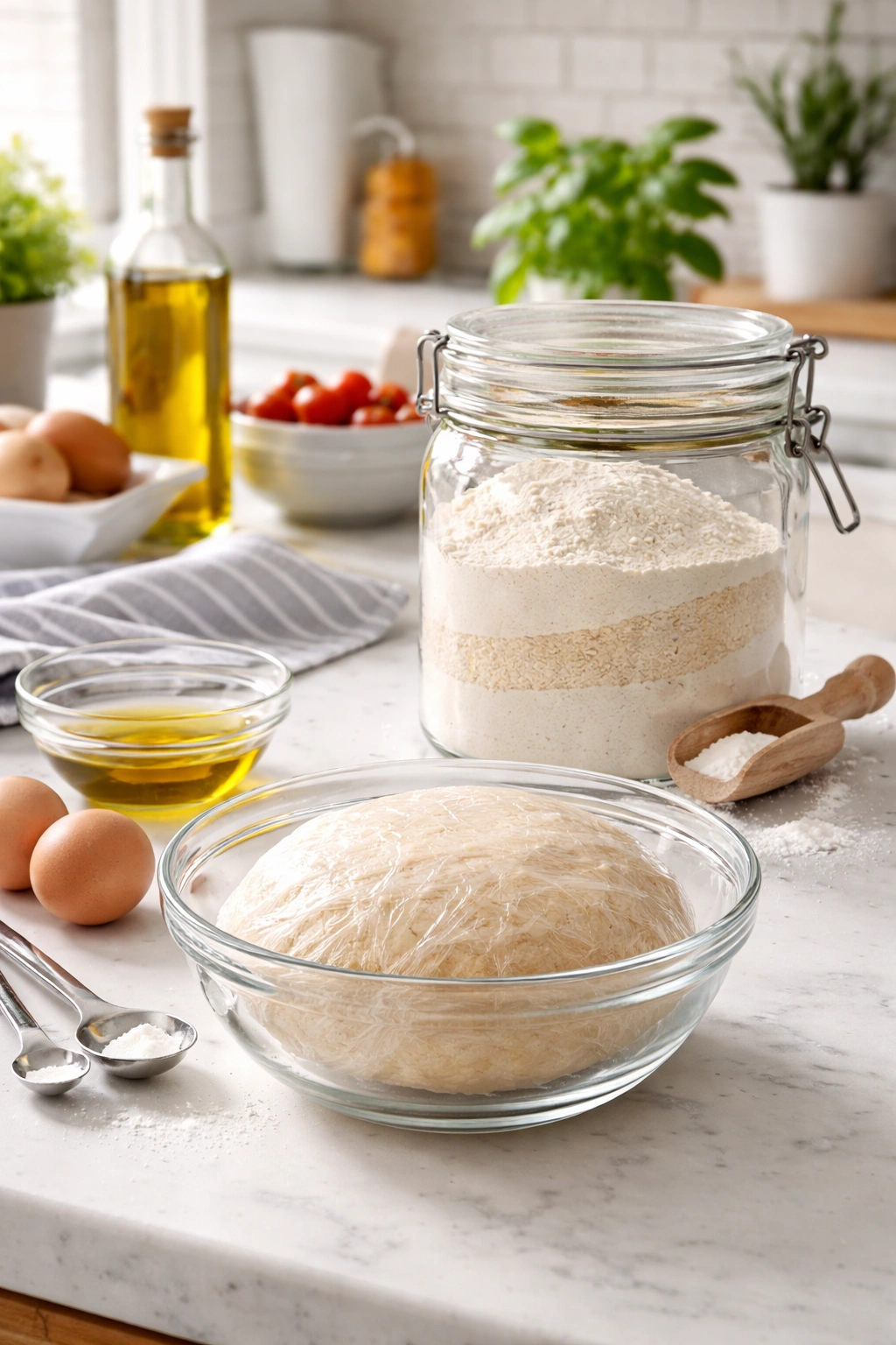 Airtight container of dry ingredients and dough wrapped in plastic on a kitchen counter