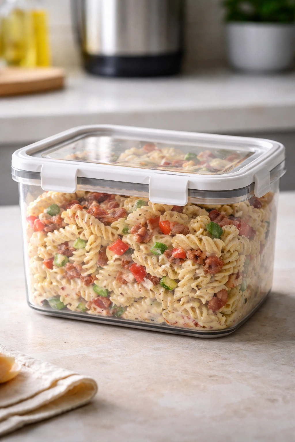 Airtight pasta salad storage container on counter