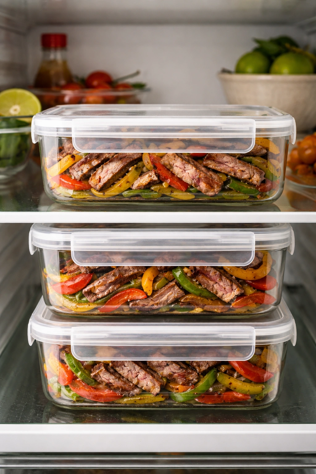 Airtight containers with sliced steak and peppers in a fridge
