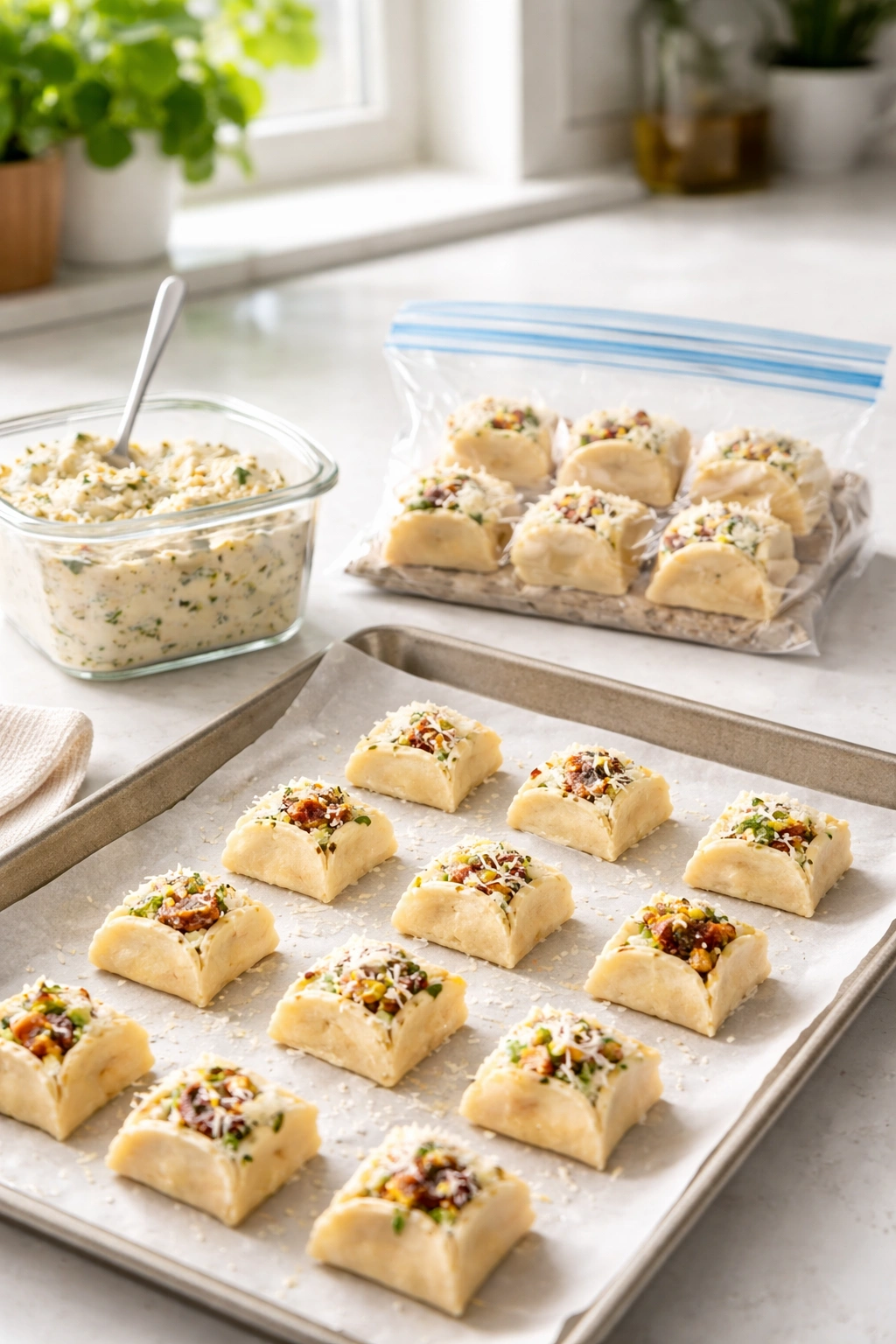 Batches of puff pastry bites prepared for freezing with filling container