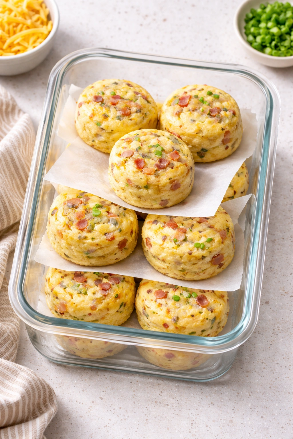 Overhead view of freezer container with egg bites separated by parchment