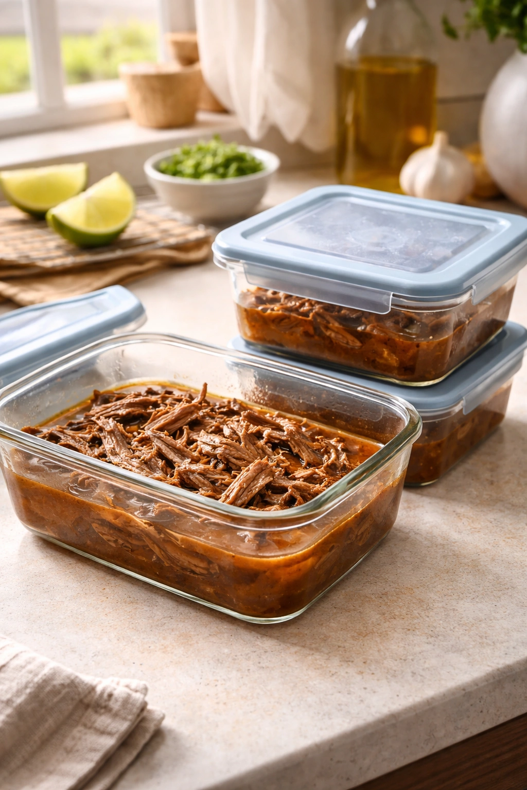 Two glass containers with shredded beef and braising liquid for storage