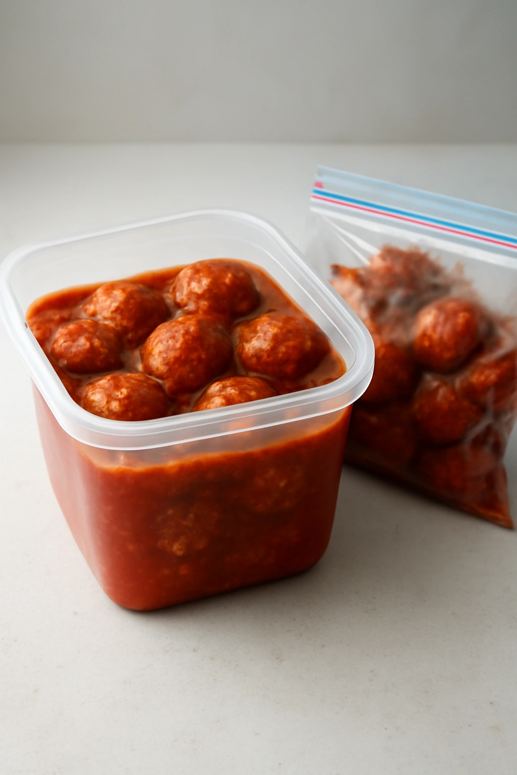 Airtight container of meatballs in sauce for storage and freezing