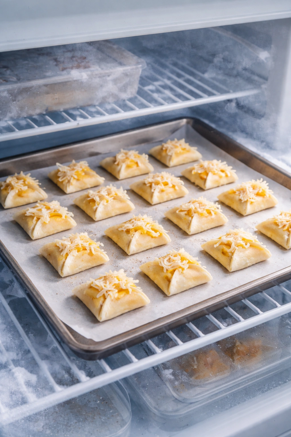 Tray of unbaked puff pastry bites in a freezer