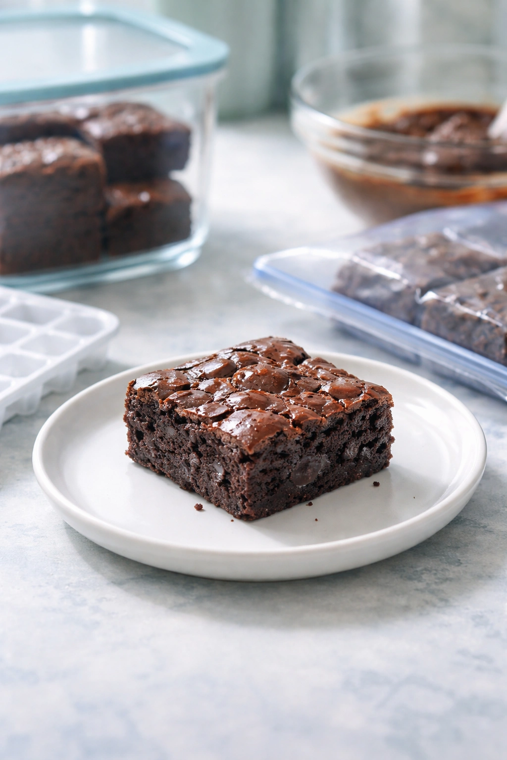 Brownie on plate with cool lighting suggesting storage and make-ahead