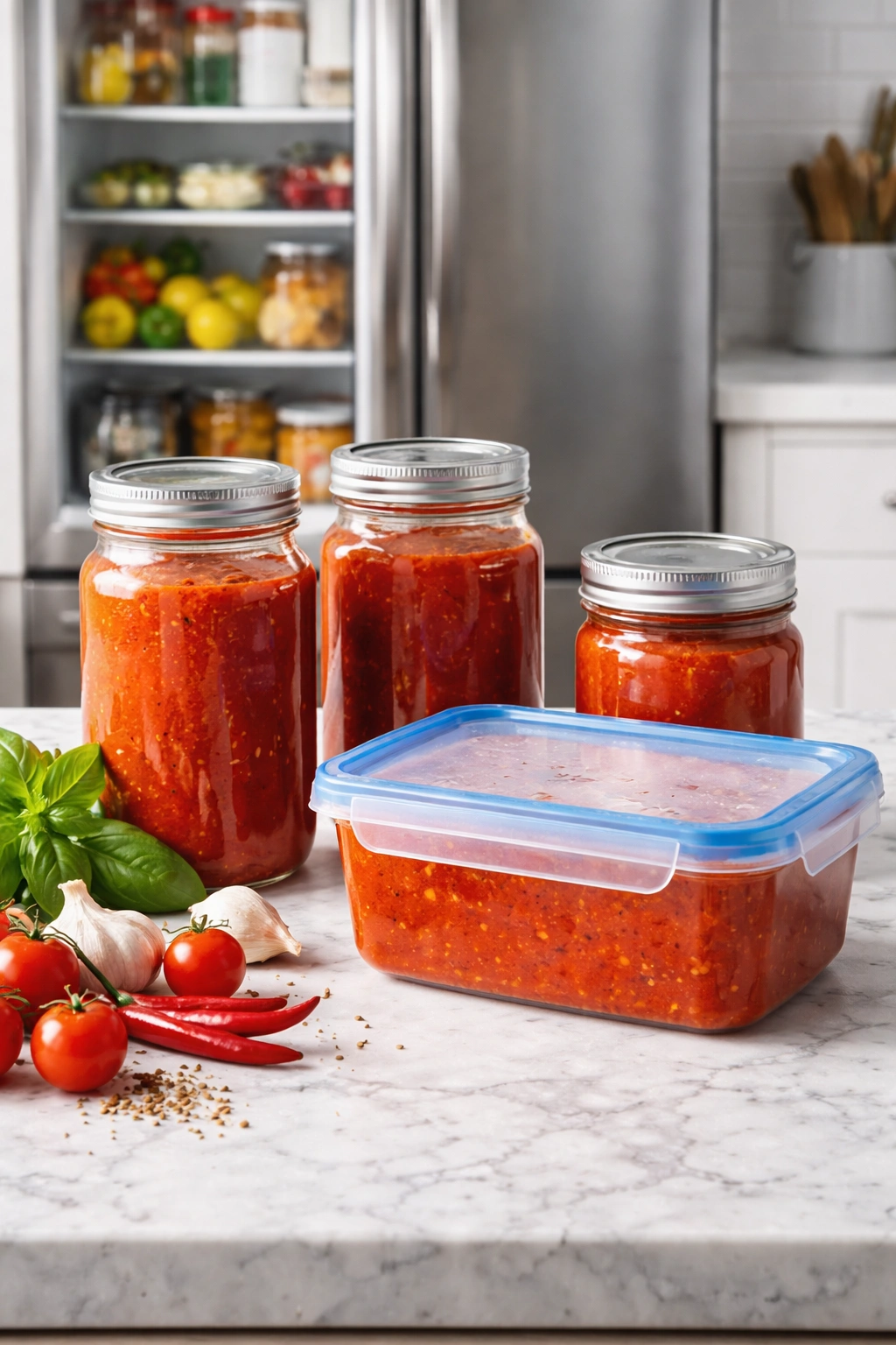 Airtight jars and a freezer container filled with tomato sauce on a counter