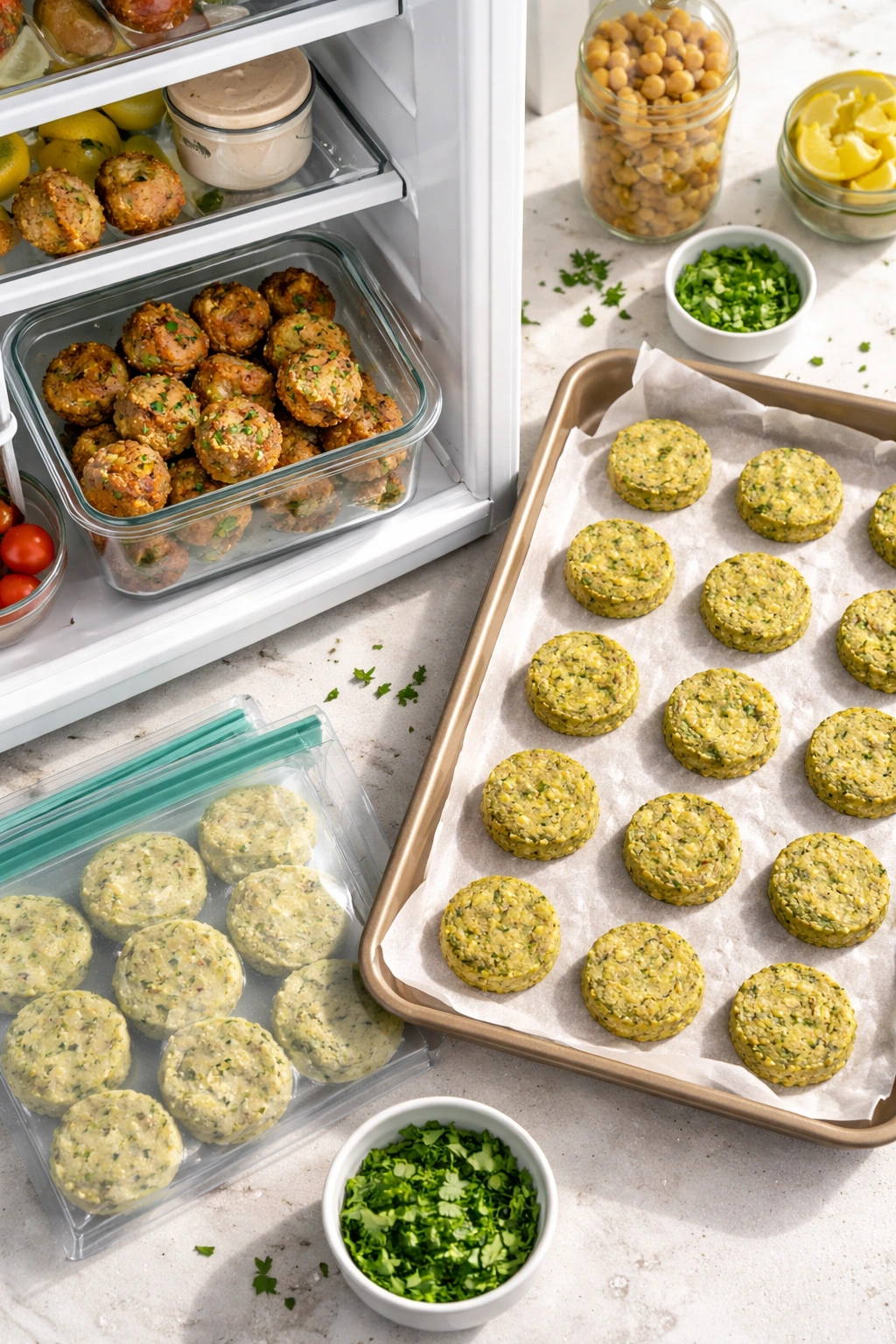 Fridge with stored falafel and a tray of uncooked discs for freezing.