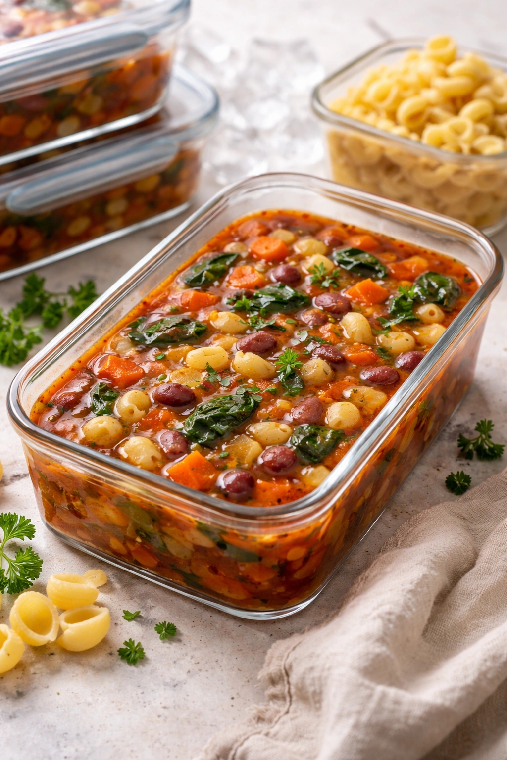 Glass container of minestrone illustrating storage and make-ahead concept