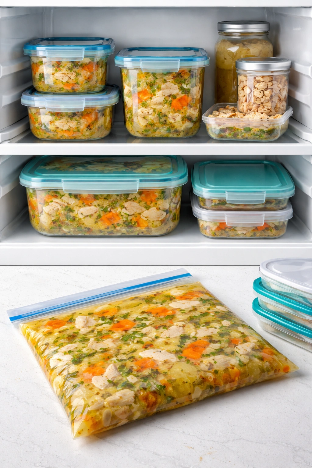 Containers of homemade soup stored for refrigeration and freezing.